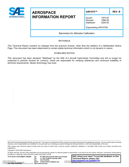 SAE AIR1075B-2020 Barometry For Altimeter Calibration