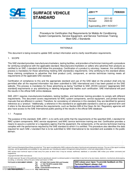 SAE J2911-2020 Procedure For Certification That Requirements For Mobile Air Conditioning System Components, Service Equipment, And Service Technician Training Meet Sae J Standards