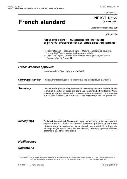 NF ISO 18522-2017 Paper and board - Automated off-line testing of physical properties for CD (cross direction) profiles