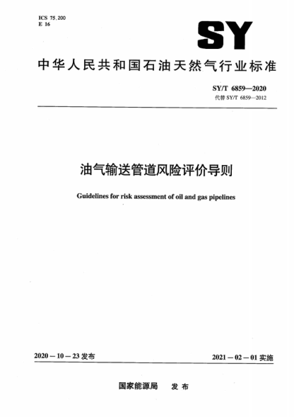 SY/T 6859-2020 油氣輸送管道風(fēng)險評價(jià)導則 Guidelines for risk assessment of oil and gas pipelines