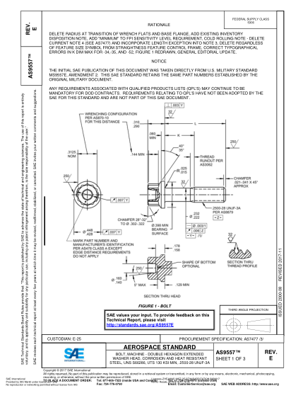 SAE AS9557E-2017 Bolt,Machine - Double Hexagon Extended Washer Head,Corrosion And Heat Resistant Steel,Uns S66286,Uts 130 Ksi Min,.2500-28 Unjf-3A