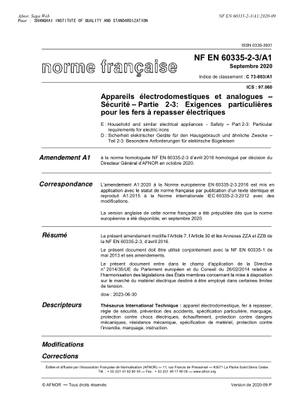 NF EN 60335-2-3/A1-2020 Household and similar electrical appliances - Safety - Part 2-3 : particular requirements for electric irons