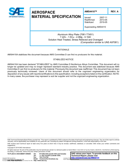 SAE AMS4410A-2019 Aluminum Alloy Plate (7081-T7451) 7.2Zn - 1.5Cu - 2.0Mg - 0.10Zr Solution Heat Treated, Stress Relieved And Overaged (Uns A97081)