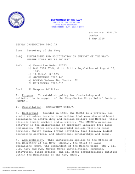 NIDS SECNAV 5340.7A-2018 (Don/Aa) Fundraising And Solicitation In Support Of The Navymarine Corps Relief Society