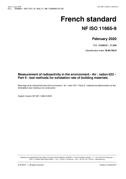 NF ISO 11665-9-2020 Measurement of radioactivity in the environment - Air : radon-222 - Part 9 : test methods for exhalation rate of building materials