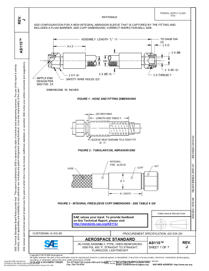 SAE AS115J-2019 (R) Hose Assembly, Ptfe, Cres Reinforced, 3000 Psi, 400 °F, Straight To Straight, Flareless, Lightweight