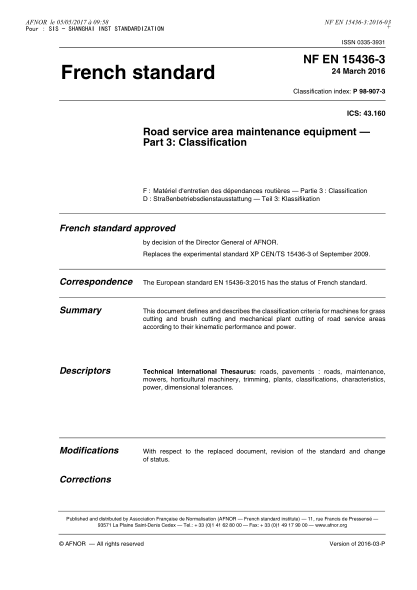 NF P98-907-3-2016 Road service area maintenance equipment - Part 3 - classification