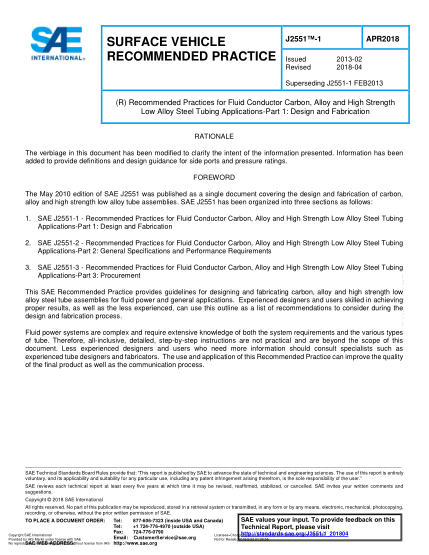 SAE J2551-1-2018 (R) Recommended Practices For Fluid Conductor Carbon,Alloy And High Strength Low Alloy Steel Tubing Applications-Part 1:Design And Fabrication