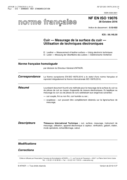 NF EN ISO 19076-2016 Leather - Measurement of leather surface - Using electronic techniques