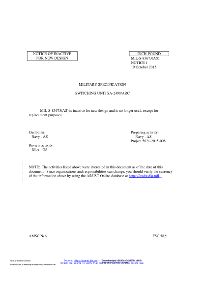 NAVY MIL-S-85673 NOTICE 1-2015 Switching Unit Sa-2498/Arc