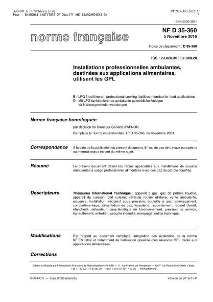 NF D35-360-2016 LPG fired itinerant professional cooking facilities intended for food applications