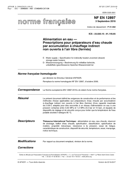 NF P41-452-2016 Water supply - Specification for indirectly heated unvented (closed) storage water heaters