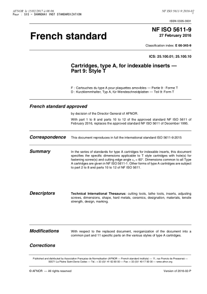 NF ISO 5611-9-2016 Cartridges, type A, for indexable inserts - Part 9 - style T