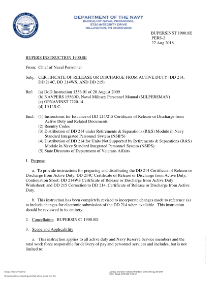 NIDS BUPERS 1900.8E-2018 (Pers-2) Certificate Of Release Or Discharge From Active Duty (Dd 214, Dd 214C, Dd 214Ws, And Dd 215)
