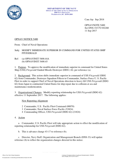 NIDS OPNAV NOTE 5400 17U102268-2017 (Ser Dns-33/17U102268) Modify Immediate Superior In Command For United States Ship Fitzgerald