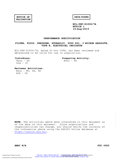NAVY MIL-PRF-81836/7A VALID NOTICE 1-2019 Filter, Fluid, Pressure, Hydraulic, 8000 Psi, 3 Micron Absolute, Type B, Electrical Indicator