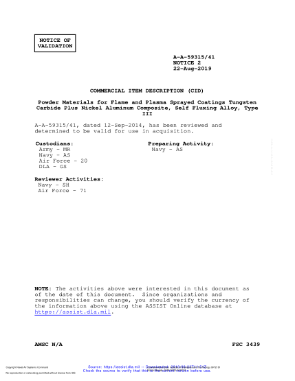 NAVY A-A-59315/41 VALID NOTICE 2-2019 Powder Materials For Flame And Plasma Sprayed Coatings Tungsten Carbide Plus Nickel Aluminum Composite, Self Fluxing Alloy, Type Iii
