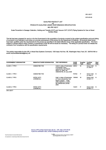 NAVY QPL-32217-2015 Scale Prevention In Sewage Collection,Holding And Transfer (Cht) And Vacuum Cht (Vcht) Piping Systems For Use On Naval Surface Ships