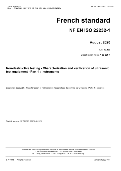 NF A09-320-1-2020 Non-destructive testing - Characterization and verification of ultrasonic test equipment - Part 1 : instruments