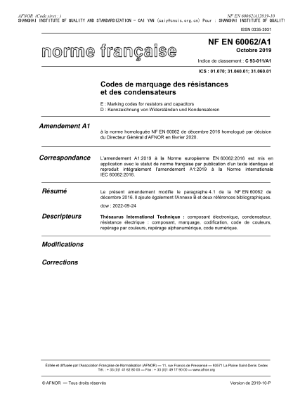 NF C93-011/A1-2019 Marking codes for resistors and capacitors