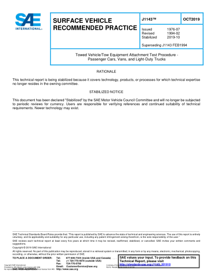 SAE J1143-2019 Towed Vehicle/Tow Equipment Attachment Test Procedure - Passenger Cars, Vans, And Light-Duty Trucks