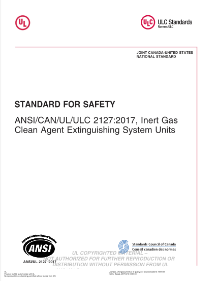 UL 2127-2017 惰性氣體清潔滅火設備 Ul Standard For Safety Inert Gas Clean Agent Extinguishing System Units (Third Edition)