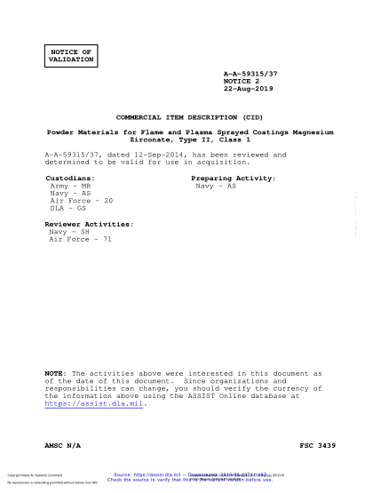 NAVY A-A-59315/37 VALID NOTICE 2-2019 Powder Materials For Flame And Plasma Sprayed Coatings Magnesium Zirconate, Type Ii, Class 1