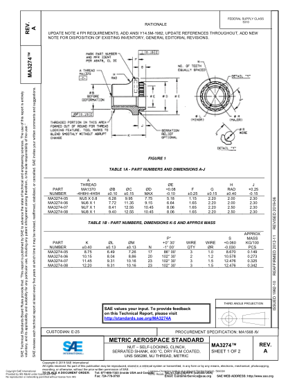 SAE MA3274A-2019 Nut – Self-Locking, Clinch, Serrated Shank, 400 °C, Dry Film Coated, Uns S66286, Mj Thread, Metric