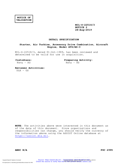NAVY MIL-S-22518/3 VALID NOTICE 2-2019 Starter, Air Turbine, Accessory Drive Combination, Aircraft Engine, Model Ats/Ad-3
