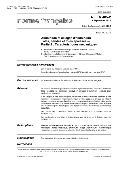 NF A50-420-2-2016 Aluminium and aluminium alloys - Sheet, strip and plate - Part 2 - mechanical properties