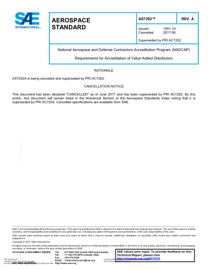 SAE AS7202A-2017 National Aerospace And Defense Contractors Accreditation Program (Nadcap) Requirements For Accreditation Of Value Added Distributors