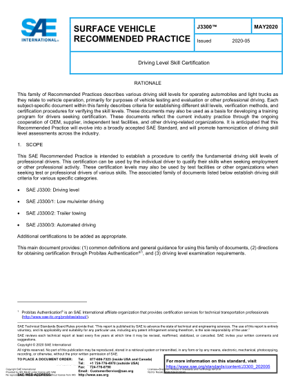 SAE J3300-2020 Driving Level Skill Certification