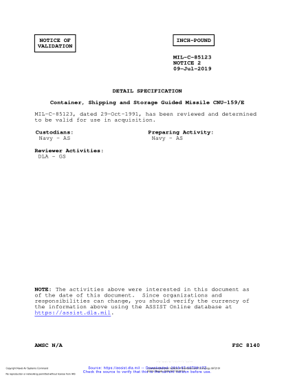 NAVY MIL-C-85123 VALID NOTICE 2-2019 Container, Shipping And Storage Guided Missile Cnu-159/E