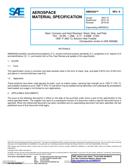 SAE AMS5525K-2019 Steel, Corrosion And Heat-Resistant, Sheet, Strip, And Plate 15Cr - 25.5Ni - 1.2Mo - 2.1Ti - 0.006B - 0.30V 1800 °F (982 °C) Solution Heat Treated (Uns S66286)