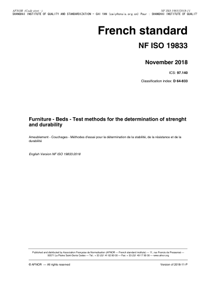 NF ISO 19833-2018 Furniture - Beds - Test methods for the determination of strenght and durability