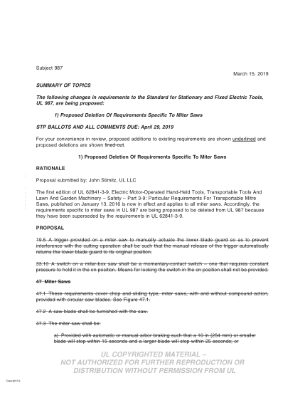 UL 987 BULLETIN-2019 UL Standard For Safety Stationary And Fixed Electric Tools (Comments Due: April 29, 2019)