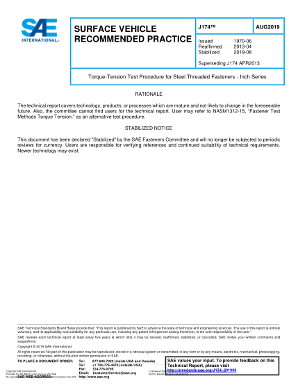 SAE J174-2019 Torque-Tension Test Procedure For Steel Threaded Fasteners - Inch Series