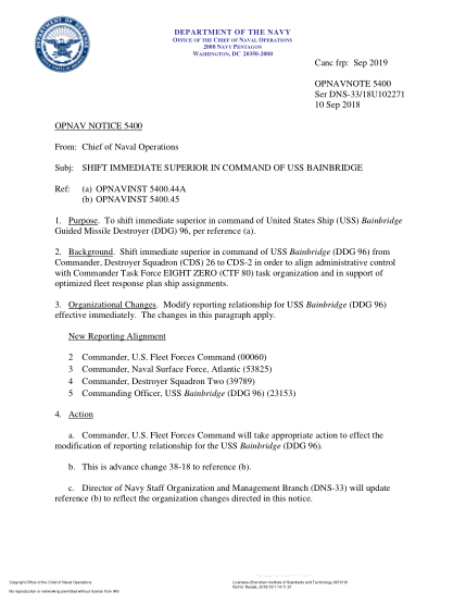 NIDS OPNAV NOTE 5400 18U102271-2018 (Ser Dns-33/18U102271) Shift Immediate Superior In Command Of Uss Bainbridge