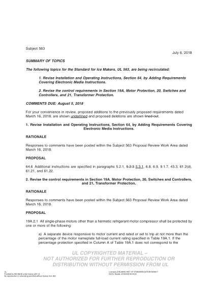 UL 563 BULLETIN/3-2018 UL Standard For Safety Ice Makers (Comments Due: August 5, 2018)