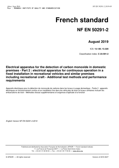 NF EN 50291-2-2019 Electrical apparatus for the detection of carbon monoxide in domestic premises - Part 2 : electrical apparatus for continuous operation in a fixed installation in recreational vehicles and similar premises including recreational craft