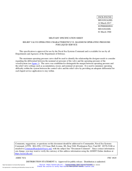 NAVY MS18282 REV A-2017 Relief Valve Operating Characteristics Vs.Maximum Operating Pressure For Liquid Service