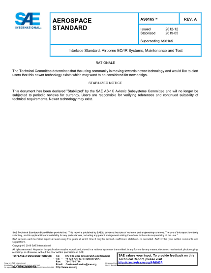 SAE AS6165A-2019 Interface Standard, Airborne Eo/Ir Systems, Maintenance And Test