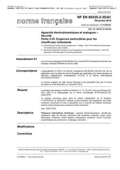 NF C73-835/A1-2019 Household and similar electrical appliances - Safety - Part 2-35 : particular requirements for instantaneous water heaters