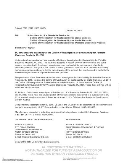 UL 2710 BULLETIN-2017 Ul Outline For Investigation Sustainability For Portable Electronic Products