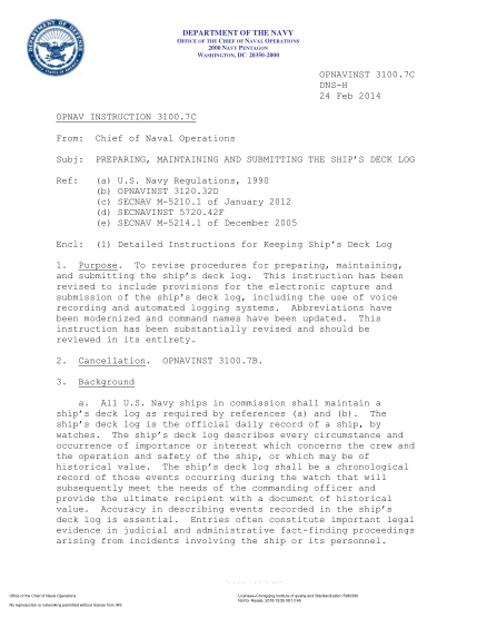 NIDS OPNAV 3100.7C-2014 (Dns-H) Preparing,Maintaining And Submitting The Ship鈥橲 Deck Log