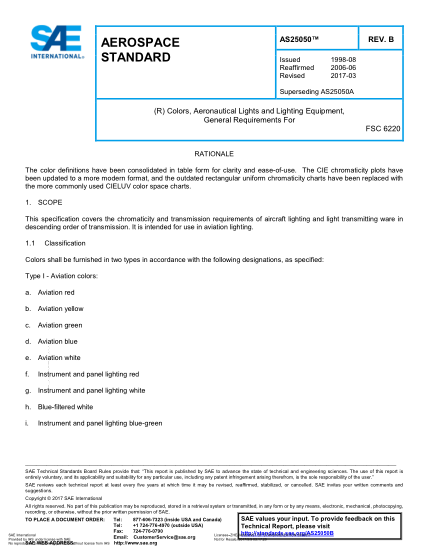 SAE AS25050B-2017 (R) Colors,Aeronautical Lights And Lighting Equipment,General Requirements For