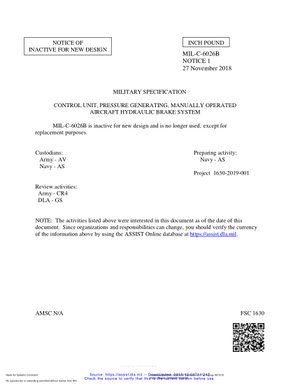 NAVY MIL-C-6026B NOTICE 1-2018 Control Unit, Pressure Generating, Manually Operated Aircraft Hydraulic Brake System