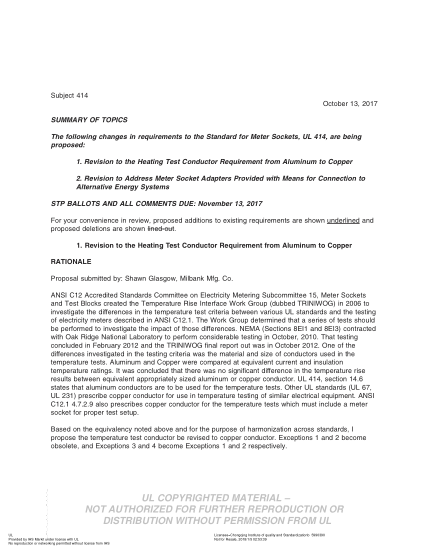 UL 414 BULLETIN/2-2017 Ul Standard For Safety Meter Sockets (Comments Due: November 13,2017)