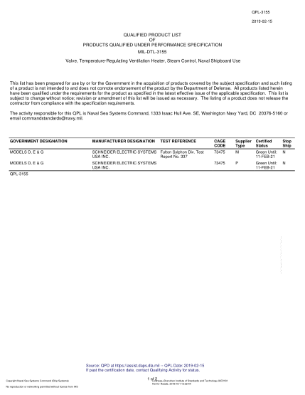 NAVY QPL-3155-2019 Valve, Temperature-Regulating Ventilation Heater, Steam Control, Naval Shipboard Use