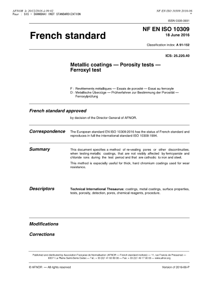 NF A91-152-2016 Metallic coatings - Porosity tests - Ferroxyl test